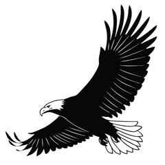 Obraz premium Black silhouette of a bald eagle in flight with wings spread wide against a white background bird flying