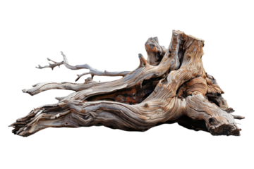 Weathered driftwood resting on a white background showcasing natural textures and forms