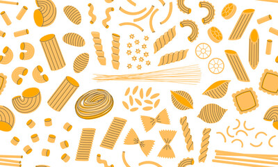 Seamless pattern with different types pasta. Italian food background. Spaghetti, penne, farfalle, rigatoni, fusilli, garganelli, noodle, conchiglie, tagliatelle. Hand drawn flat vector illustration 