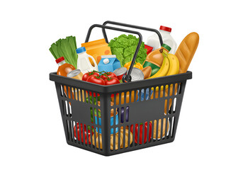 Supermarket Shopping Basket Full of Food and Groceries Isolated on White or Transparent Background