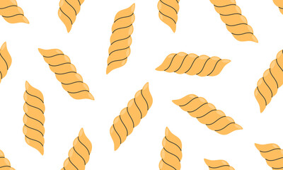 Seamless pattern with Italian pasta. Pasta fusilli. Italian food  background. Hand drawn flat vector illustration