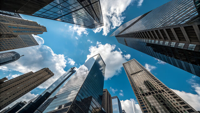 Low Angle View of Modern Skyscrapers Against a Blue Sky - Powered by Adobe