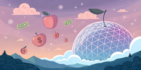 A surreal banner design for a futuristic dream market - floating translucent fruits orbiting a glowing, geometric planet in a pastel sky, with abstract creatures trading invisible currencies.