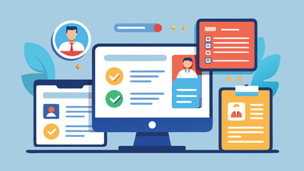 Flat design illustration of online recruitment process with job applications and checklist on different device screens