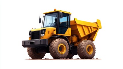 Fototapeta premium A vibrant yellow dump truck stands ready for construction tasks, showcasing its robust design and large wheels, Ideal for use in construction, engineering projects, or heavy machinery advertising,