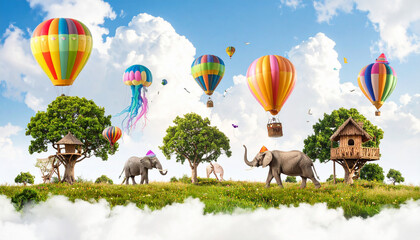 A whimsical banner for children: a flying playground made of candy clouds and floating treehouses, animal-shaped balloons play the sky. Magical rainbow-striped elephants and dancing jellyfish.