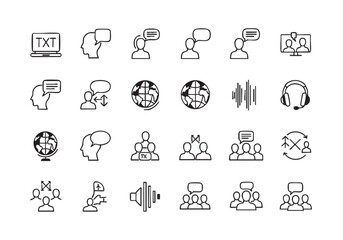 Communication Icons Set Line Style Business Concepts Global Network Online Conference Call Text Translation and Interaction Symbols