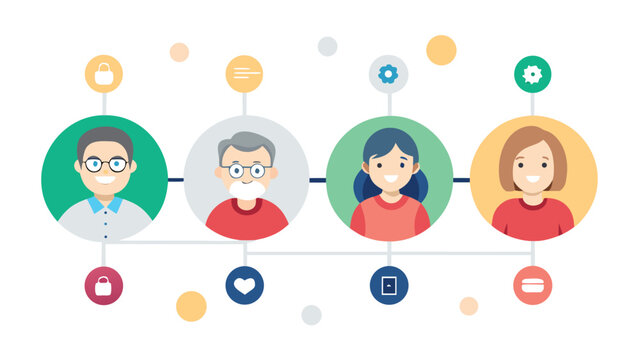 Flat design family illustration social network concept with connected icons and avatars representing different generations and personal preferences or settings