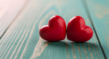 Two red hearts rest on teal wood background, symbolizing love and Valentine's Day romance.  Free space for text