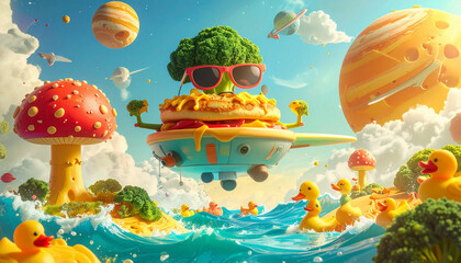 A surreal children’s banner a pancake spaceship piloted by giggling broccoli wearing sunglasses, flying over a spaghetti ocean, rubber duck pirates. Giant candy sky. Playful, absurd, colorful, banner.