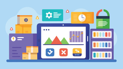 Flat illustration of business analytics on tablet with stacked boxes and shelves on light blue background vector