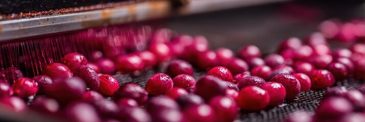 Freshly Washed Cranberries on a Conveyor Belt in Food Processing