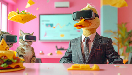 A surreal, absurd banner, a giant duck in a business suit giving a presentation to a room full of robots made of cheese, flying tacos in the background, while a cat wearing VR goggles takes notes.