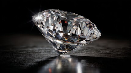 A flawless diamond resting on a glossy black surface, illuminated by soft white light, showcasing its brilliance and intricate facets