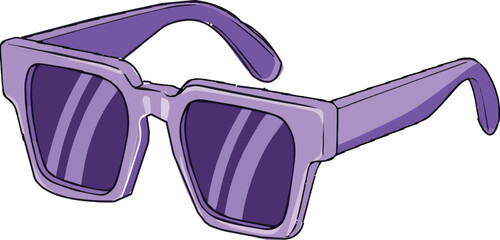 Illustration of purple sunglasses with dark lenses casting a shadow on a purple background