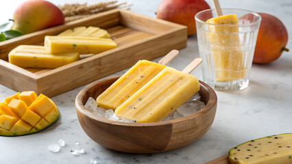 In the foreground, a metallic bowl filled with ice holds three colorful fruit Ice-cream with visible specks, suggesting a natural ingredient like avocado or herbs.