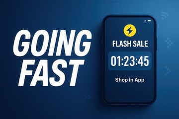 Digital display showcasing a flash sale countdown timer on a smartphone screen with bold text "Going Fast," emphasizing urgency and mobile shopping promotion.