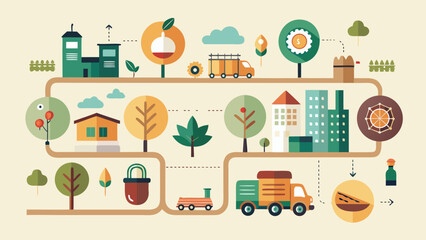 Infographic of city elements transport route vector illustration featuring buildings trees transportation items and food production in a modern flat design