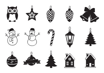 Festive Christmas Ornament Icons Collection Black and White Holiday Vector Illustrations for Creative Projects and Designs