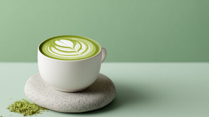Matcha latte art sits on stone. Illustrates wellness, healthy lifestyle. Useful for marketing, web design, recipe blogs.
