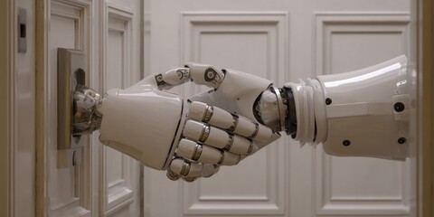 3D Render of a Futuristic Robot Hand Opening a Door Handle