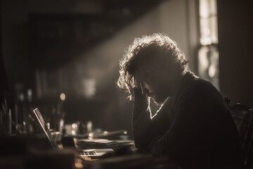Person sitting at desk, holding head in hands, feeling stressed  