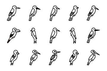 Woodpecker Outlines: A minimalist set of woodpecker illustrations, perfect for design projects emphasizing nature and avian life, providing a sleek and artistic representation of the bird.