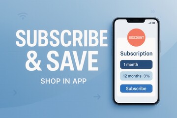 Naklejka premium Mobile phone with subscription app interface displaying discounts and membership options on a blue background, emphasizing the concept of savings through subscriptions.
