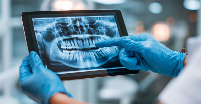Dentist examining a dental X-ray on a digital tablet in a clinic, close-up view.