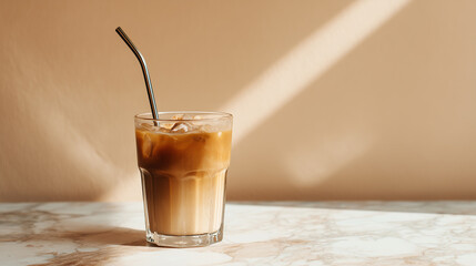 Iced coffee gleams in glass with metal straw against neutral wall. Use for drink blogs, cafe ads, or minimalist design.