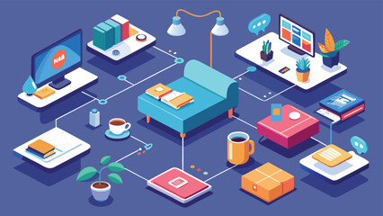 Obraz premium Isometric home office network illustration showing desk computer couch and connected devices representing remote work and digital connectivity for productivity