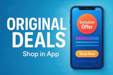 Mobile app advertisement showcasing exclusive deals with a bright call-to-action button, set against a vibrant blue background, emphasizing online shopping offers.