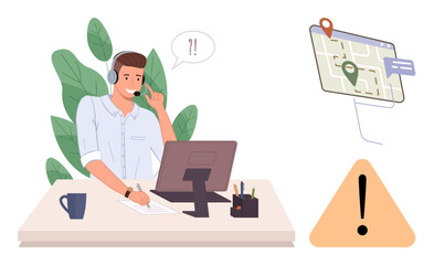 Customer support agent with headset at desk addressing map navigation issue, surrounded by map, location marker, and warning sign. Ideal for customer service, logistics, troubleshooting, emergency