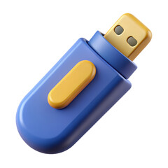 Stylized blue and yellow usb flash drive for digital data storage isolated on transparent background