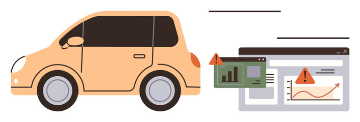Compact car alongside online dashboard with analytics graphs and error alerts. Ideal for tech, transportation, software maintenance, system diagnostics, risk analysis, automotive tech, simple flat