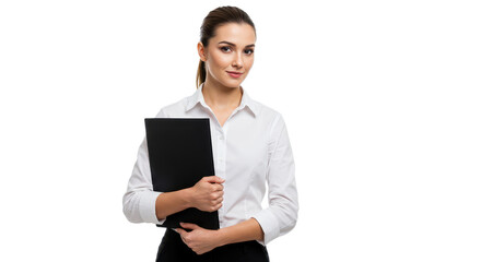 Professional businesswoman holding a black folder isolated on a white background with copy space