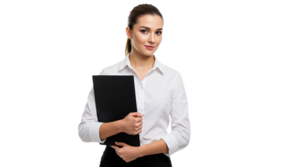 Professional businesswoman holding a black folder isolated on a white background with copy space