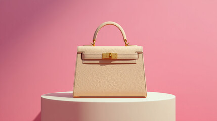 Luxury Handbag Sits on Display: Pink backdrop, gold clasp, fashion concept, for web, marketing, editorial.