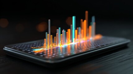 A futuristic D bar graph with colorful, glowing bars rising on a digital screen, showcasing financial growth and performance over time