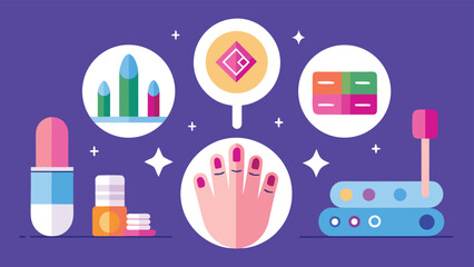 Fototapeta premium Manicure and nail salon services vector illustration featuring nail polish application,nail art designs and hand care treatments on a purple background