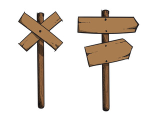 Wooden Sign post Vector Set – Hand Drawn Cartoon Direction Signs with Arrows and Crossed Boards

