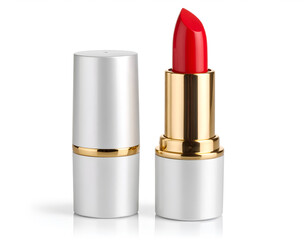 Obraz premium Red lipstick in silver and white packaging, isolated on white with soft shadow. Generative AI