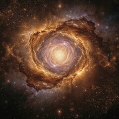 A mesmerizing spiral galaxy, glowing with warm golden hues against a backdrop of stars
