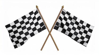 Fototapeta premium Crossed checkered race flags on gold-tipped wooden poles, classic motorsport victory symbol on neutral background