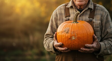Elderly farmer holding ripe pumpkin in autumn garden at harvest time