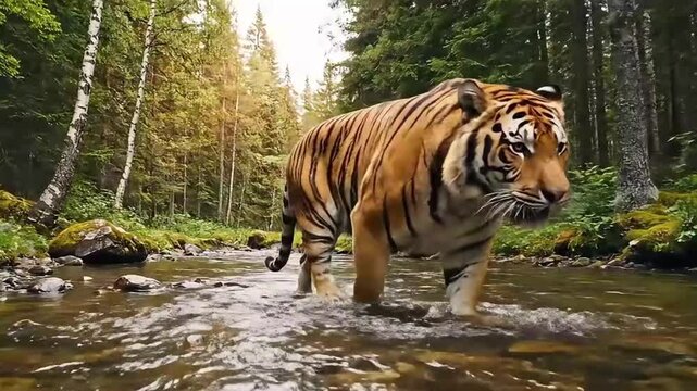 Wild tiger walking through shallow forest river, powerful predator in natural habitat, majestic big cat in wilderness, wildlife nature scene in jungle stream