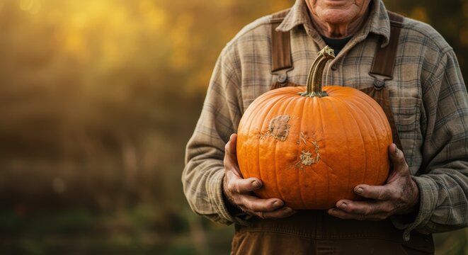 Elderly farmer holding ripe pumpkin in autumn garden at harvest time
