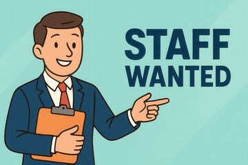 Naklejka premium Illustrated businessman in a suit holding a clipboard and smiling, pointing towards the phrase 