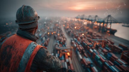 Worker overlooking a busy port at sunset.  Abstract data overlays
