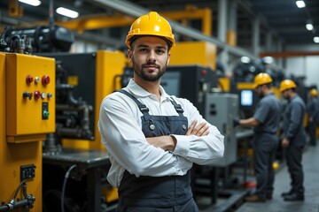 Skilled worker in a factory setting with safety gear during a busy production shift in the afternoon